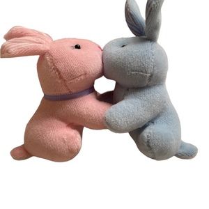 Pink and Blue Stuffed Animal Twin Kissing Bunnies With Basket Toy Baby